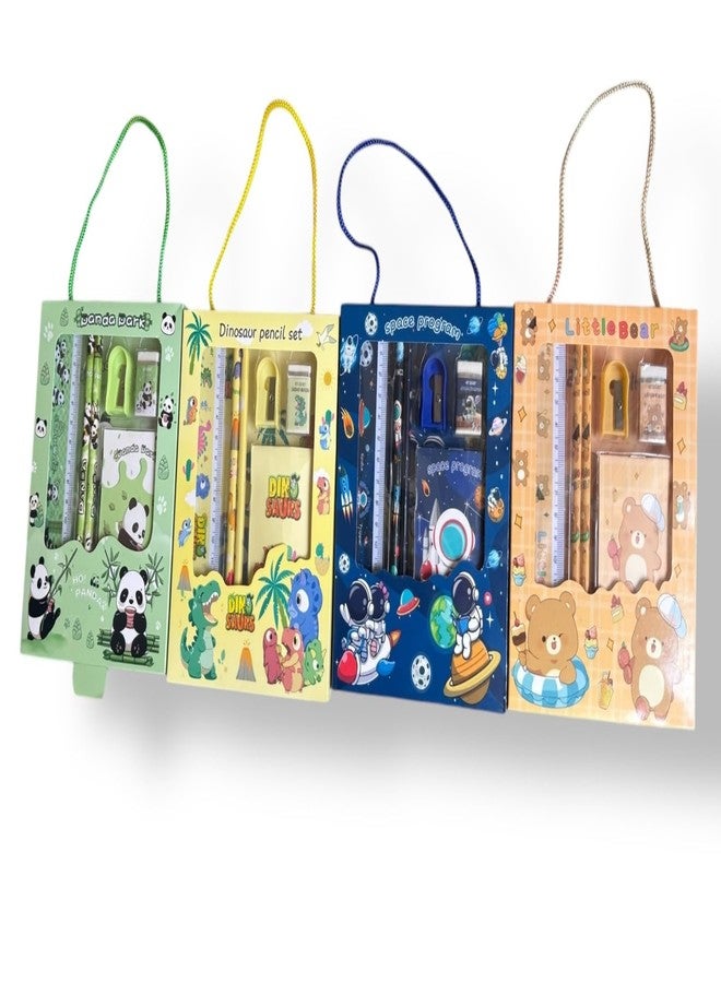 Shivom Stationery Set with Scale, Pencils, Notepad, Eraser and Sharpener, Multiple Themes - Space, Panda, Bear, Dinosaur, Themed Stationery Set for Kids (Set of 4) - Image 2